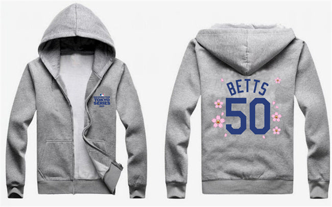 Los Angeles Dodgers #50 Mookie Betts Gray 2025 Tokyo Series Full-Zip Hoodie