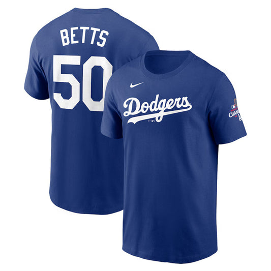 Los Angeles Dodgers #50 Mookie Betts Royal 2024 World Series Champions Name & T