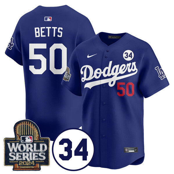 Los Angeles Dodgers #50 Mookie Betts Royal 2024 World Series With No. 34 Patch Limited
