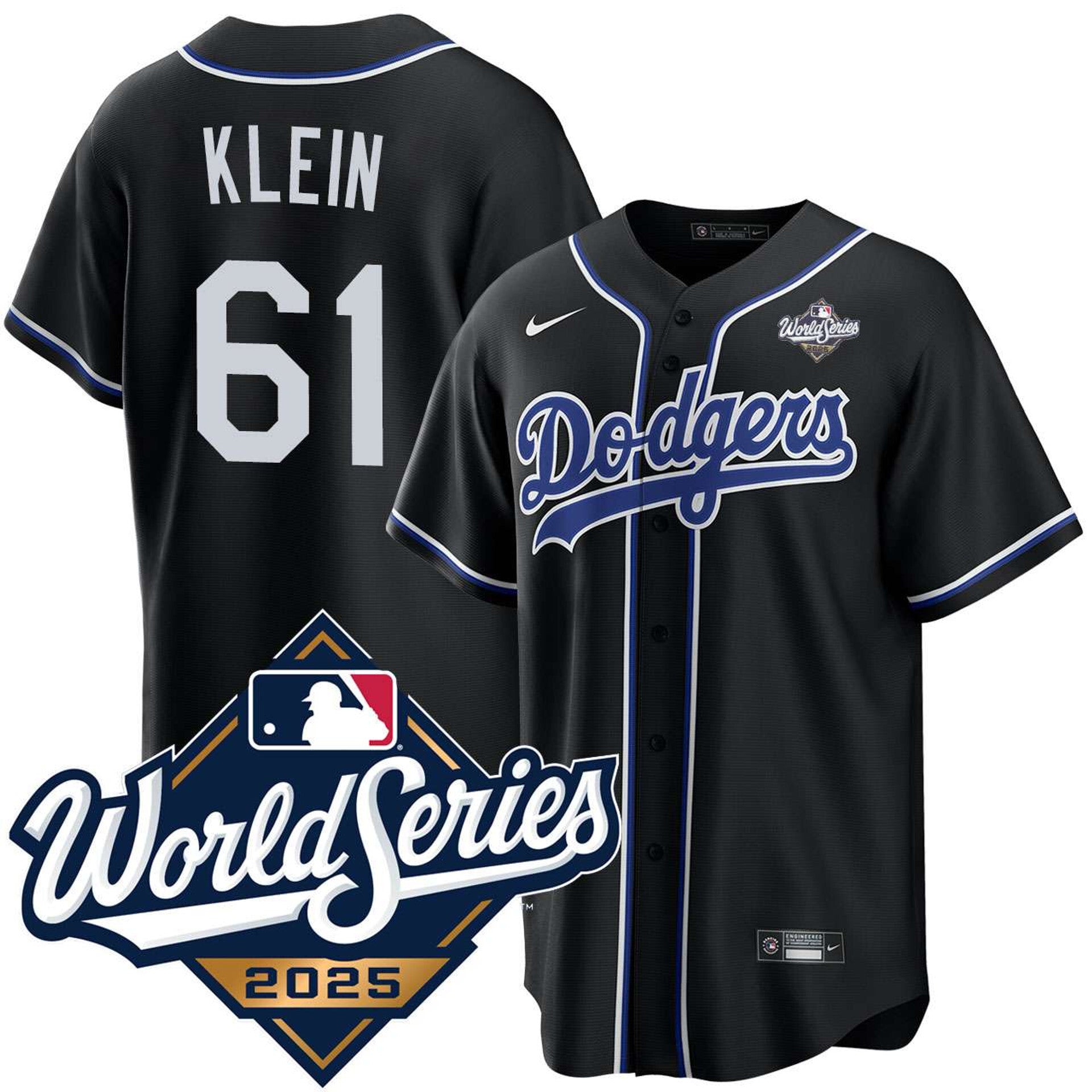 Los Angeles Dodgers #61 Will Klein Black Lights Out 2025 World Series Jersey