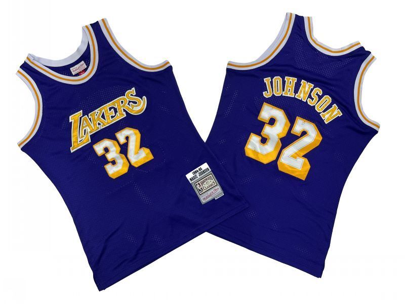 Los Angeles Lakers #32 Magic Johnson Lakers 32 # Purple 84-85 Season Mitchell Retro Jersey -- Magic Style 2