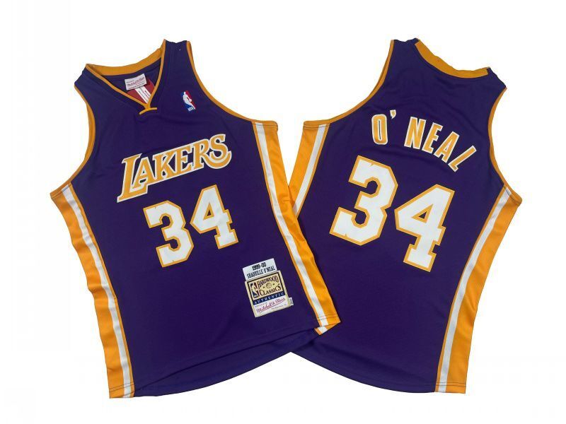 Los Angeles Lakers #34 Shaquille ONeal Lakers 34 # Purple 99-00 Season Mitchell Retro Jersey -- Shaquille · O'Neal Style 1