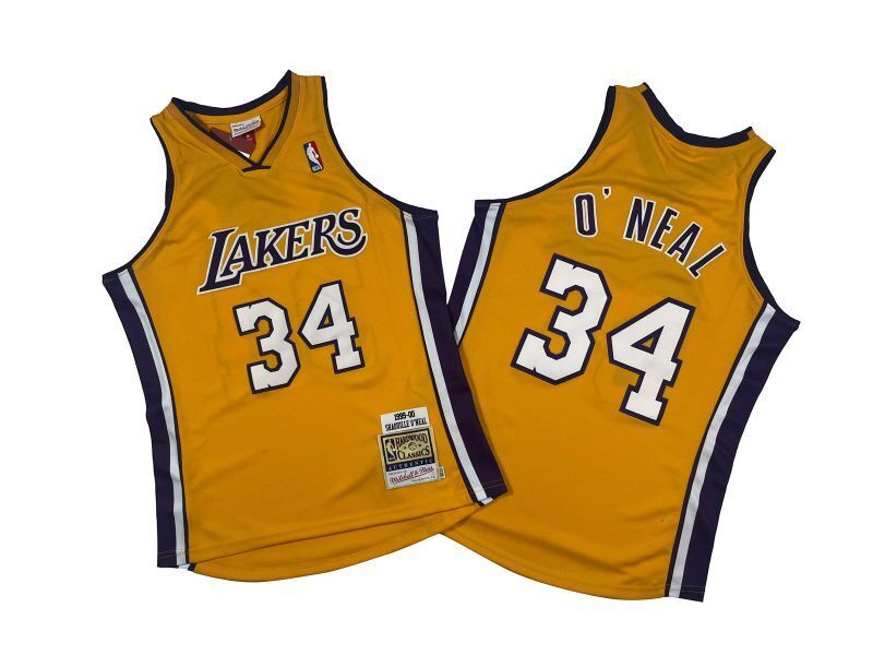 Los Angeles Lakers #34 Shaquille ONeal Lakers 34 # Yellow 99-00 Season Mitchell Retro Jersey -- Shaquille · O'Neal Style 2