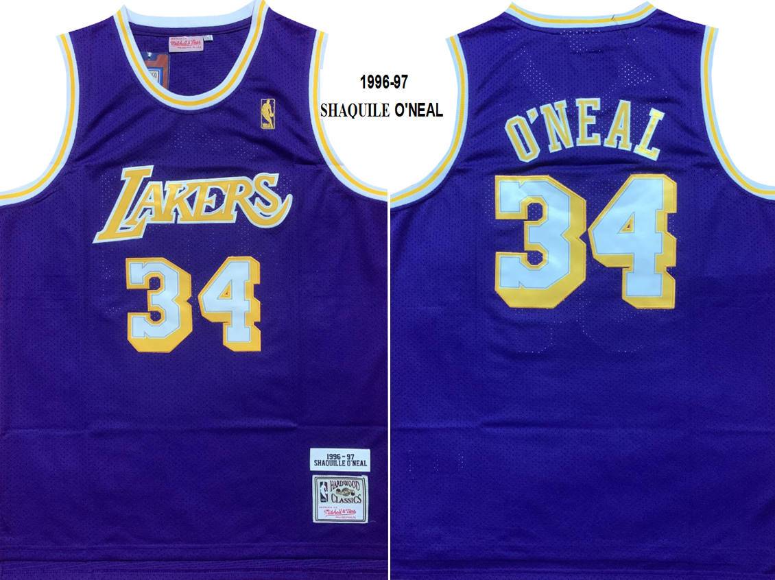 Los Angeles Lakers #34 Shaquille ONeal Lakers O'Neal Purple Gold Logo 1996-97 Classic Jersey