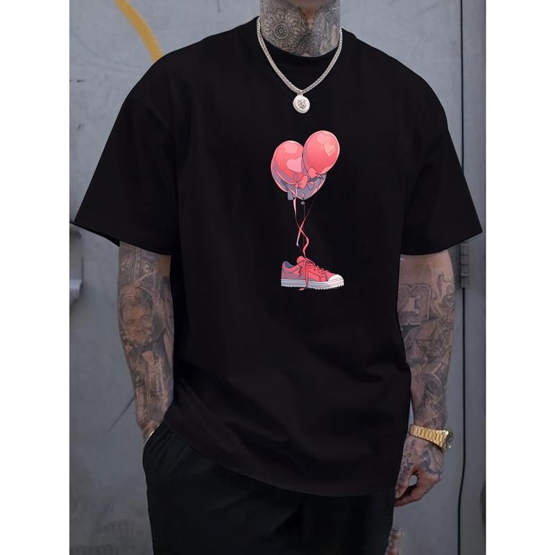 Love Balloon With Shoe Print Men's Round Crew Neck Short Sleeve Tee, Fashion T-Shirt, Comfy Breathable Casual Sports Top...