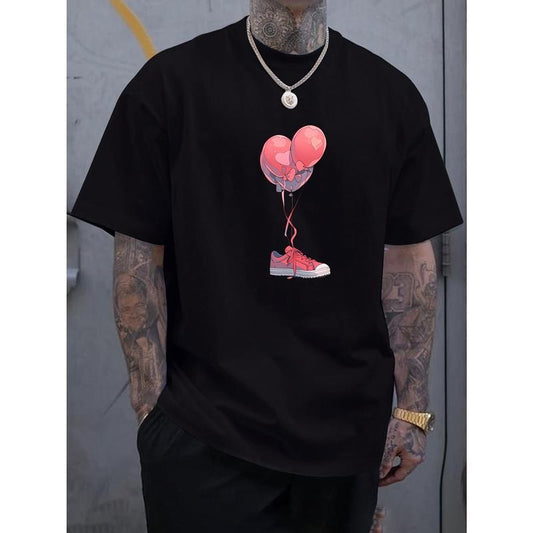 Love Balloon With Shoe Print Men's Round Crew Neck Short Sleeve Tee, Fashion T-Shirt, Comfy Breathable Casual Sports Top...