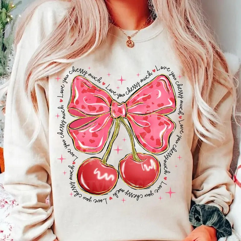 Love You Cherry Much Sweatshirt, Pink Valentine Coquette Heart T-Shirt, Cherry Love Valentine's Day Crewneck Hoodie
