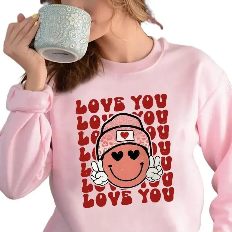 Love You Smiley Valentines Day Crewneck Sweatshirt, Hoodie, T-shirt | WearSparks.com