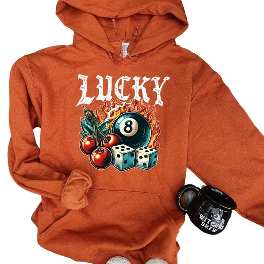 'Lucky' Eight Ball with Dice Long Sleeve Crewneck Sweatshirt or Hoodie, Everyday Comfy Statement Style Pullover, Unisex...