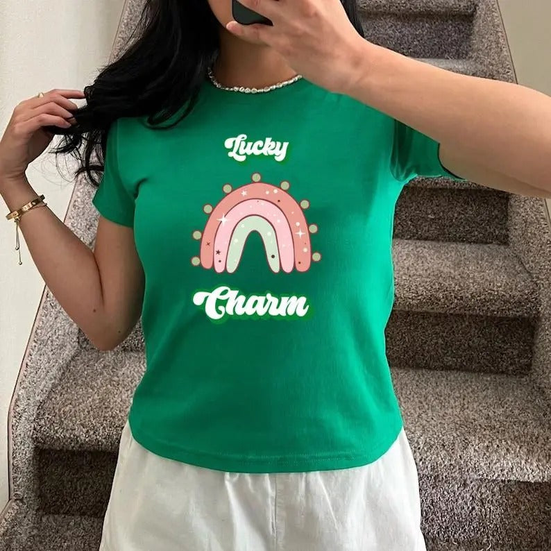 Lucky Charm St Patrick's Day Baby Tee, St Pattys Day Baby Tee, Lucky Baby Tee, Preppy , Y2K 2000's Style, Streetwear...