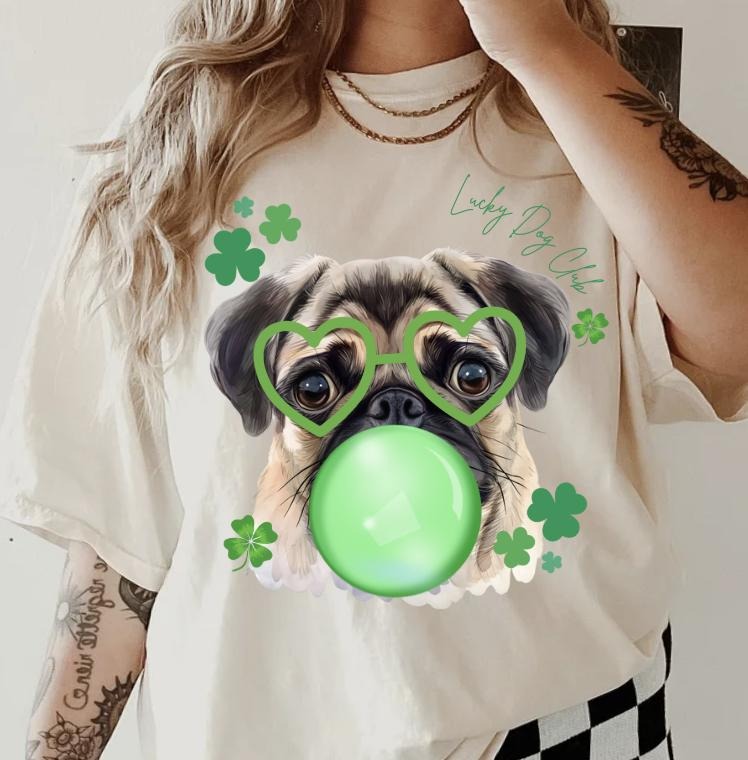 Lucky Dog Pug Shirt ~ Unisex Apparel Relaxed Fit Printed In The USA Clothing Womenswear Casual Comfort Cotton Top...