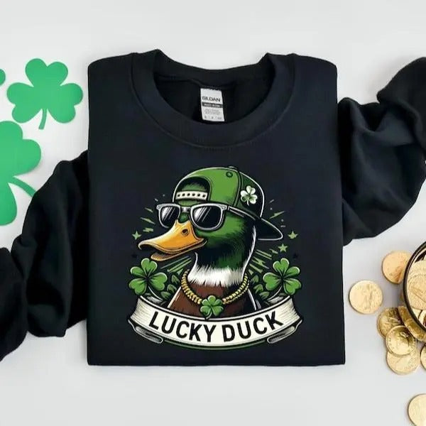 Lucky Duck St. Patrick Day Sweatshirt, Mallard and Shamrocks Sweatshirt, Shamrock and Duck Printed Paddys Day Shirt,...
