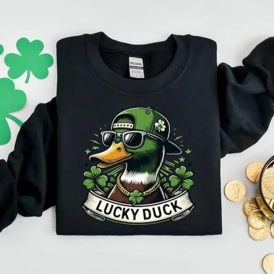 Lucky Duck St. Patrick Day Sweatshirt, Mallard and Shamrocks Sweatshirt, Shamrock and Duck Printed Paddys Day Shirt,...
