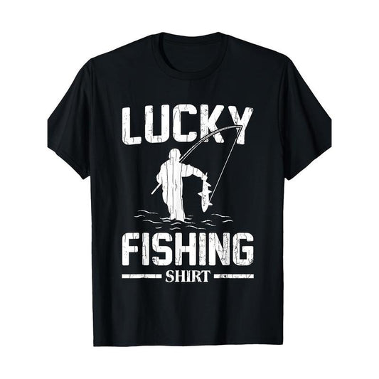 Lucky Fishing Graphic T-Shirt, 100% Cotton Crew Neck Short Sleeve Tee, Casual All-Season Knit Fabric, Geometric Pattern...