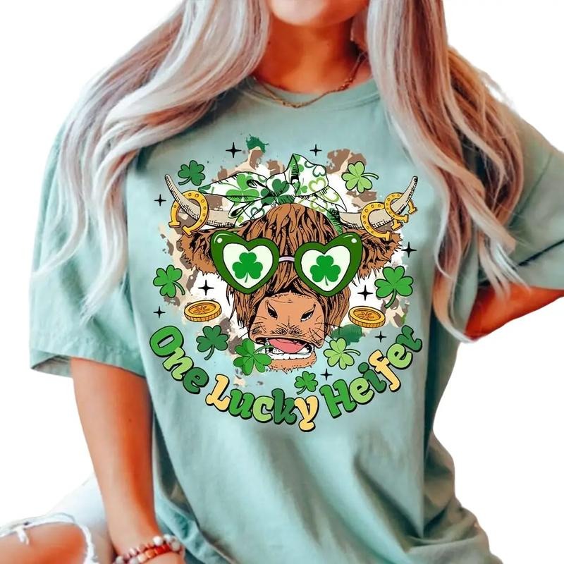 Lucky Heifer T-Shirt, St Patrick's Day Highland Cow Shirt, Retro St Patricks, Clover, Shamrock Tee, St Patrick's Day,...