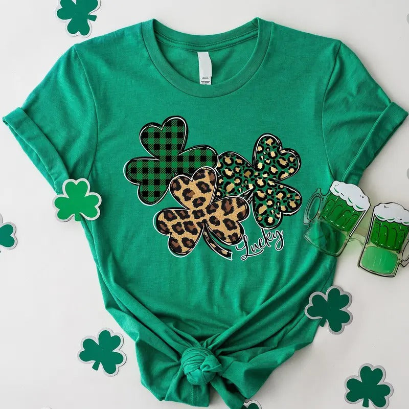 Lucky Leopard Shamrock Pattern Shirt, Irish Paddy's Day Clover St Patrick's Day Graphic Printed Unisex Classic Cotton...