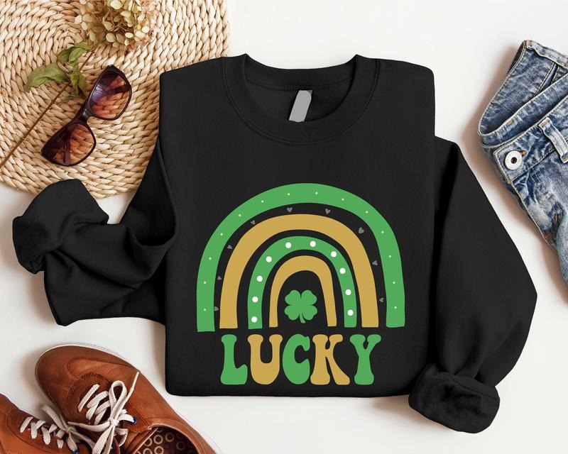 Lucky Rainbow Sweatshirt, St Patrick Hoodie, Unisex Clover Long Sleeve, Lucky Vibes Sweatshirt, Green Rainbow Hoodie....