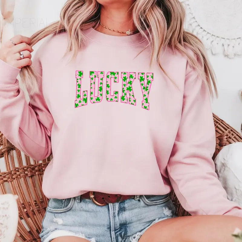 Lucky Varsity Curve Green Shamrocks Valentines Printed Sweatshirt, Dump Heart Sweatshirt, Valentines Comfort Colors T...