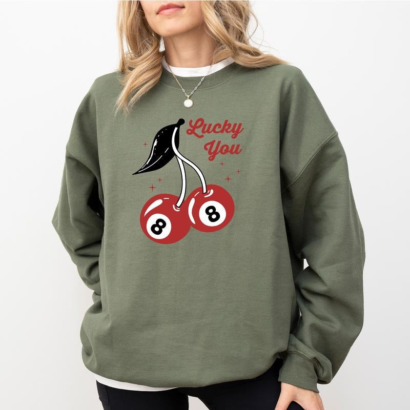 Lucky You Cherry 8 Ball Sweatshirt, Feeling Lucky Coquette 8 Ball Billiard Graphic Printed Tee, Vintage Cherry 80s...