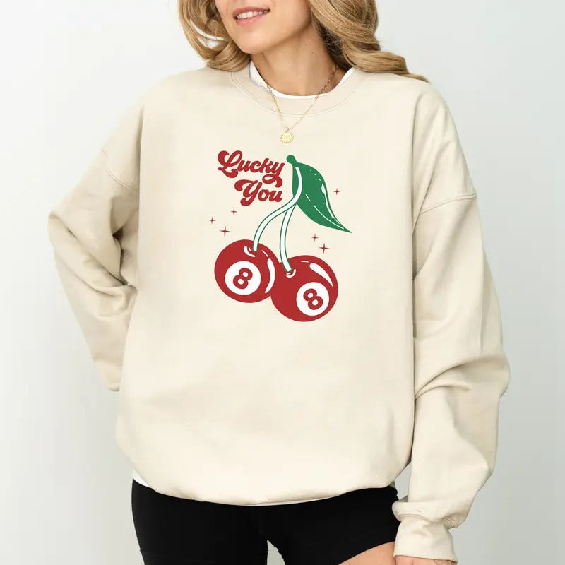 Lucky You Vintage Cherry 8 Ball Sweatshirt, Feeling Lucky Coquette 8 Ball Billiard  Sweater, Unisex Apparel, Cherry 80s...