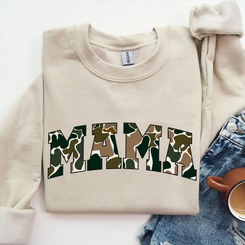 MAMA Camo Old School Bottomland Pattern Crewneck Sweatshirt, Hunting Mama, Hunting Season Unisex Shirt Hoodie