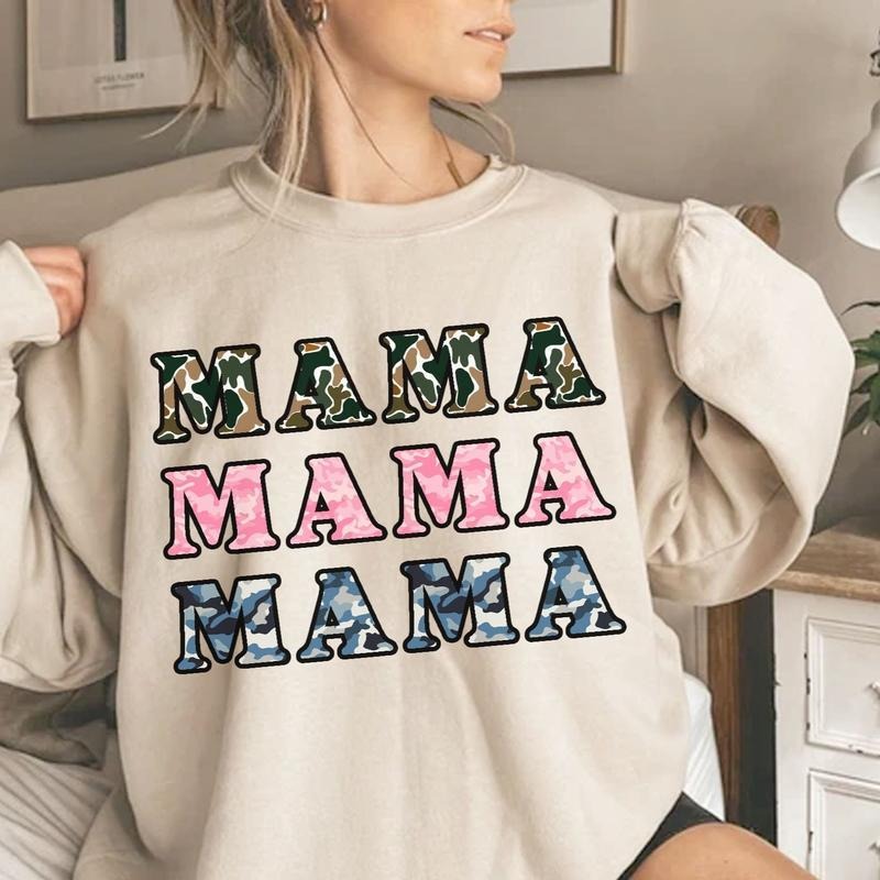MAMA Camo Pattern Pink Blue Camo Bottomland Crewneck Sweatshirt, Camo Mama Shirt Full Sizes, Full Colors Hoodie