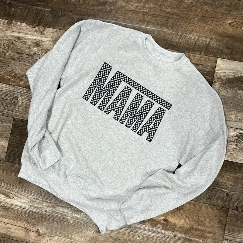 MAMA Checkered Crewneck Sweatshirt fleece lined unisex fit Casual Cotton Comfy T-Shirts, Hoodie | WearSparks.com
