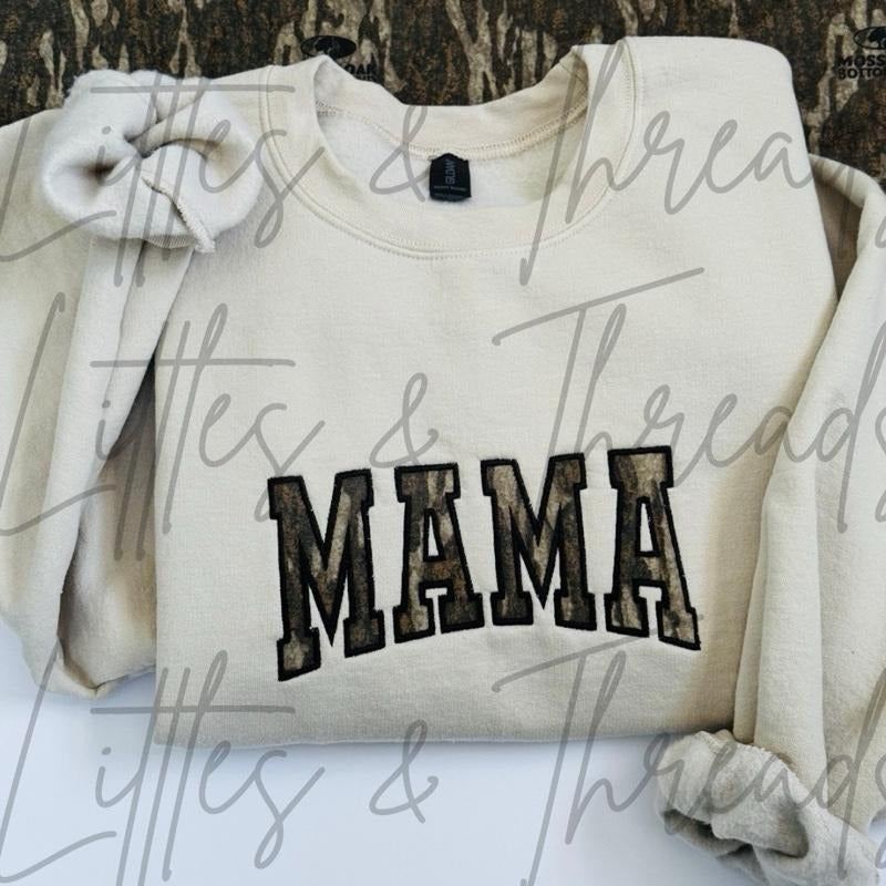 MAMA Embroidered Camo Pullover - Womenswear with Embroidered Text, Casual Style, Comfortable Fit T-Shirts, Hoodie, Sweatshirt