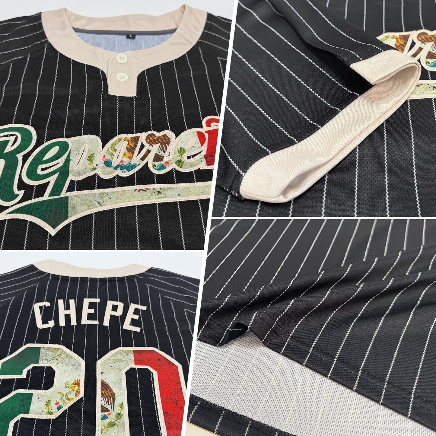 Custom Black Cream Pinstripe Vintage Mexican Flag Two-Button Unisex Softball Jersey T-Shirts, Hoodie, Sweatshirt (Image 2)