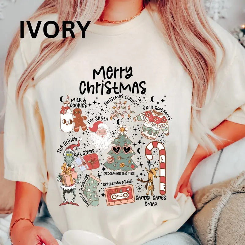 MERRY CHRISTMAS DOODLES T-SHIRT  CASUAL SHIRT UNISEX, CHRISTMAS CLOTHING, GRAPHIC APPAREL, HOLIDAY SHIRT) Cotton Fabric...