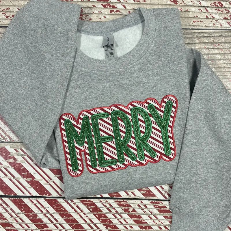 MERRY Candy Cane Glitter Christmas Embroidered Crewneck Sweatshirt T-Shirts, Hoodie | WearSparks.com