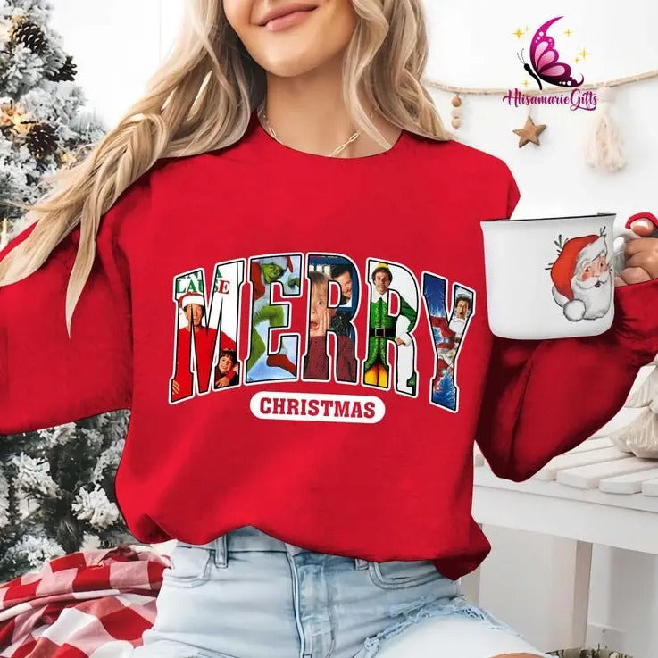 MERRY Christmas 90s Movies Shirt Crewneck Sweatshirt, Christmas Shirt for Movies Lovers, Christmas 90s Movies...