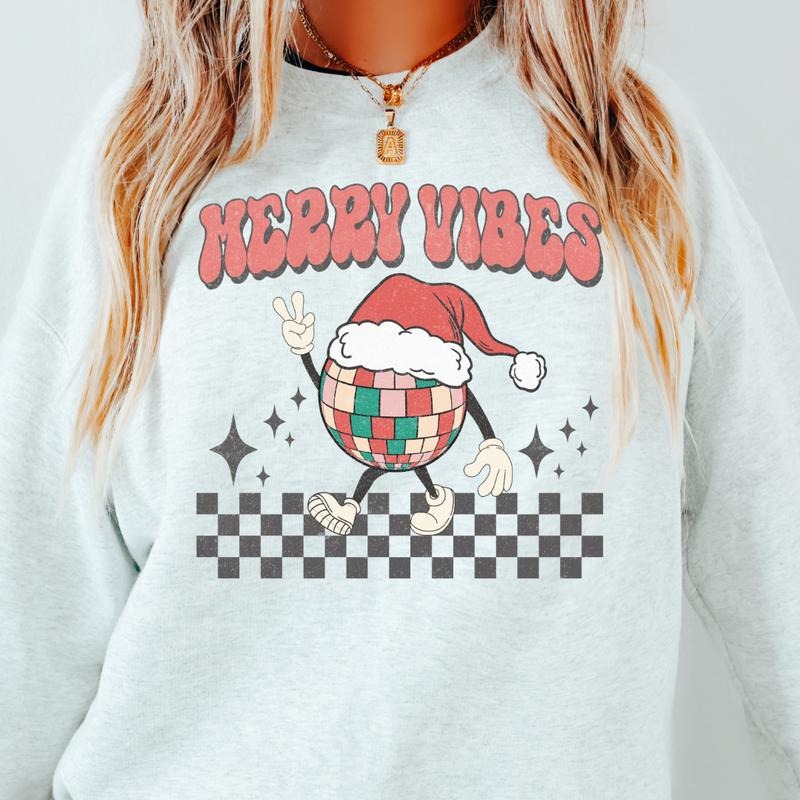 MERRY VIBES DISCO CREWNECK (Crewneck Sweatshirt, Unisex Fit, Causal Sweatshirt for Christmas, Christmas Holiday...