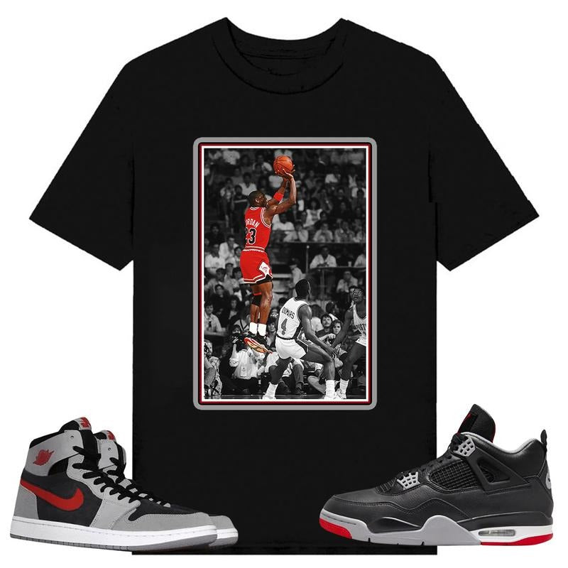 MJ 23, Shirt to match A J 1 High Zoom CMFT 2 Fire Red Cement Grey, A J 4 Bred, Shirt to matching Sneaker Hoodie, Sweatshirt