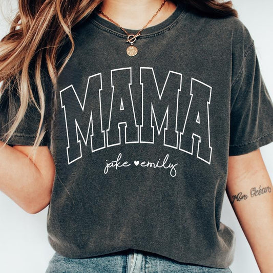 MOTHER'S DAY SHIRT, CUSTOM MAMA VARSITY SHIRT WITH NAMES, RETRO MAMA SHIRT, COMFORT COLORS CASUAL COTTON T-SHIRT FOR MOMS...