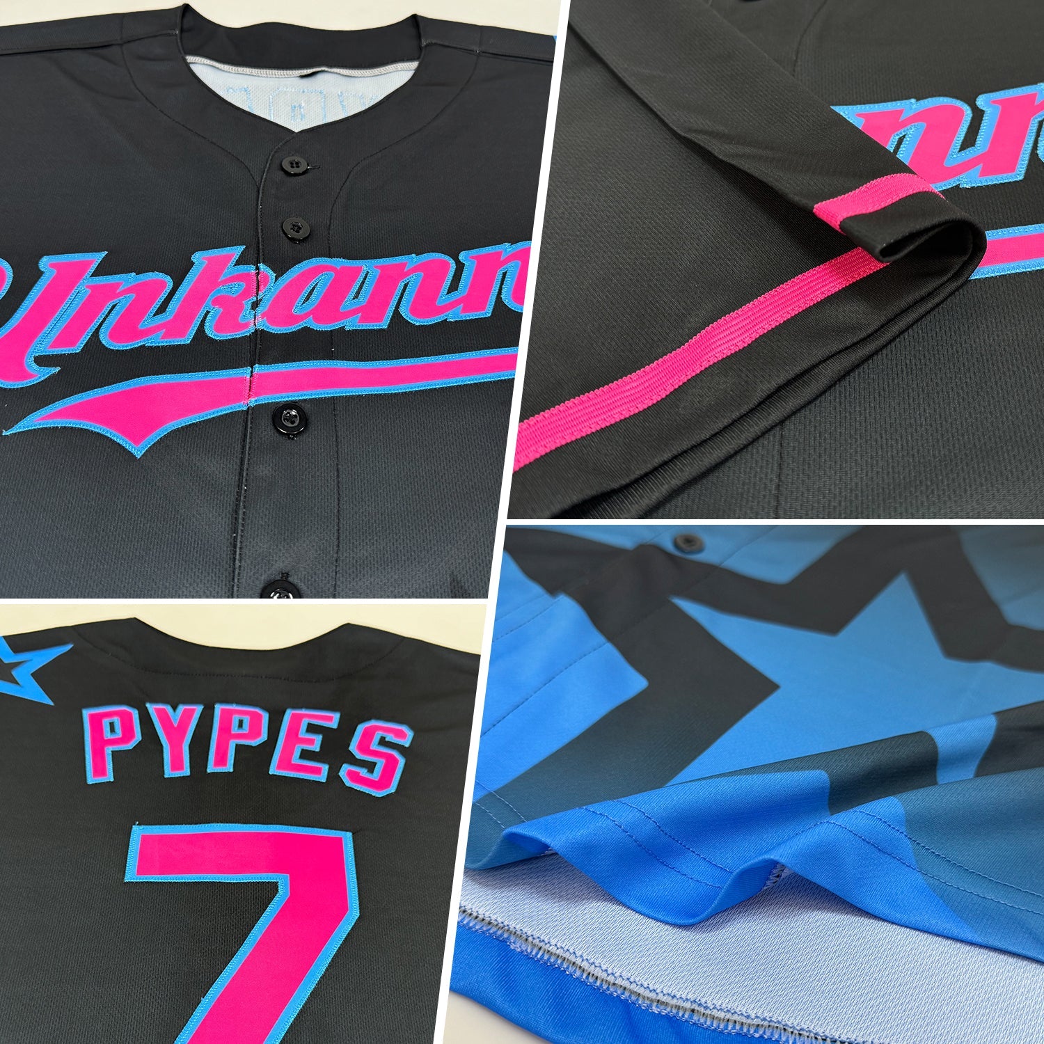 Custom Black Pink-Sky Blue 3D Pattern Design Gradient Style Twinkle Star Authentic Baseball Jersey T-Shirts,... (Image 2)