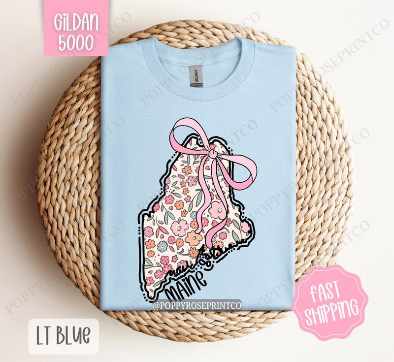 Maine Gildan T-shirt, Cute Maine State Shirt, Maine Floral Bow Tee Hoodie, Sweatshirt | WearSparks.com