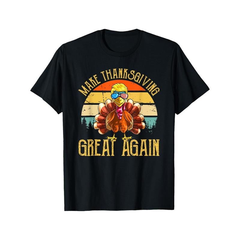 Make Thanksgiving Great Again" Trump Turkey Graphic Tee - Cotton Blend, Casual Fit, Short Sleeve, Round Neck