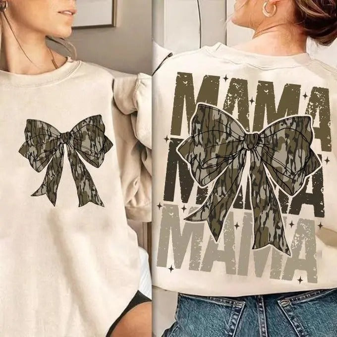 Mama Camo Coquette Bow Oversized Print 2 Sides Sweatshirt, Old School Camo Shirt, Girls Camo Bow Tee, Retro Hunting,...