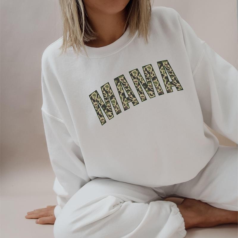 Mama Camo Sweatshirt, Print Letter Simple Design Cotton Blend Sweater, Mom Gift Camo Sweater T-Shirts, Hoodie