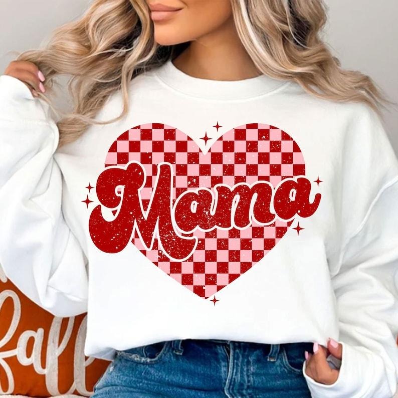 Mama Checkered Heart Sweatshirt, Valentines Day Sweatshirt, Mama Sweatshirt, Mama Valentine, Retro Valentine Sweatshirt,...