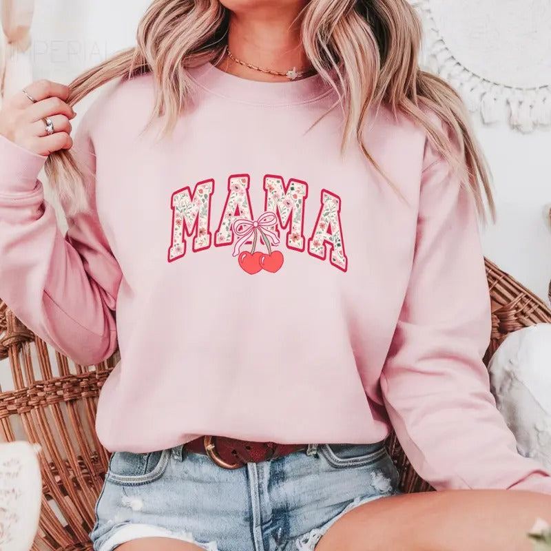 Mama Cherry Bow Printed Sweatshirt, Cherry Bow Sweatshirt, Mama Cherry Bow Sweater, Printed Comfort Colors T-Shirt, Full...