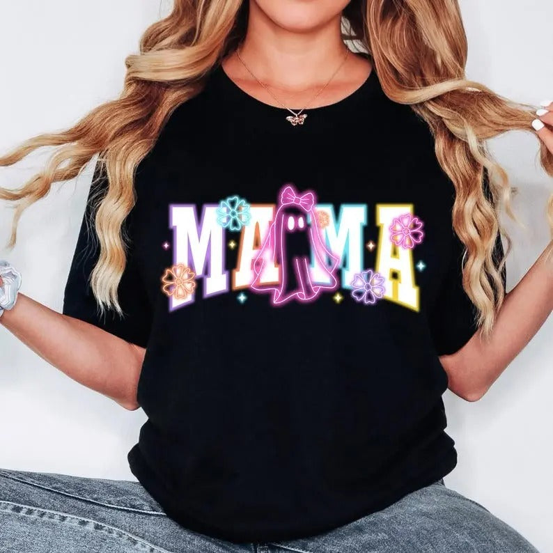 Mama Coquette Halloween Neon Shirt, Spooky Mama Sweatshirt, Floral Ghost Tee, Spooky Season T-shirt, Halloween Mama ,...