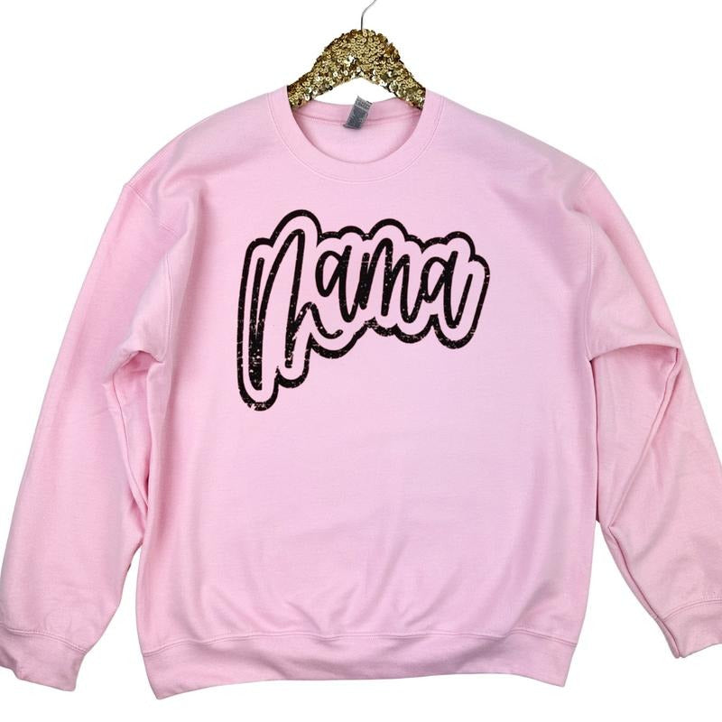Mama Cursive Distressed Gildan Sweatshirt -- Light Pink T-Shirts, Hoodie | WearSparks.com