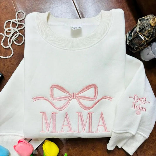 Mama Custom Embroidered Sweatshirt, Coquette Mom Custom Name On Sleeve With Heart Hoodie, Grandma Shirt With Date, Mom...