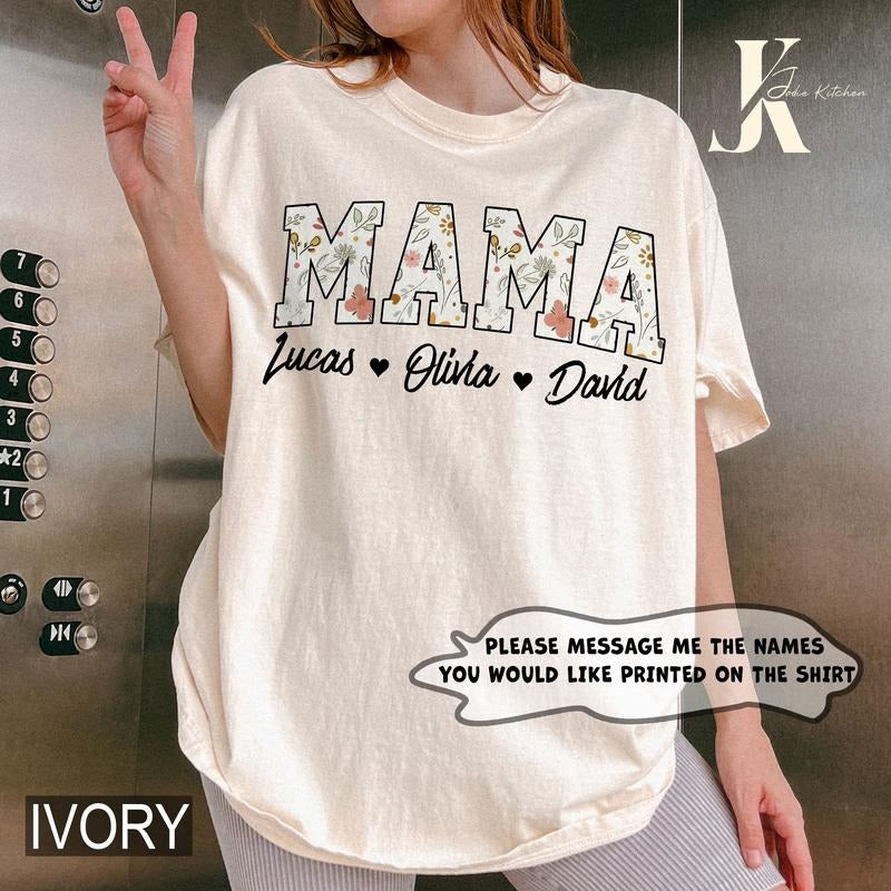 Mama Floral Shirt, Personalized Mom Shirt With Kids Names, Custom Kid's Names Mom Shirt, Custom Mom Shirt With Kids...