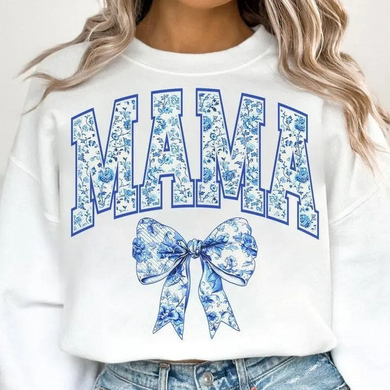 Mama Retro Chinoiserie Coquette Bow Sweater, Mama Coquette Bow Varsity Shirt Hoodie, Sweatshirt | WearSparks.com