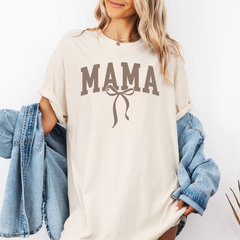 Mama Shirt Comfort Colors, Monochrome Mom Tee, Mother's Day Gift for Mom, New Mom Gift, College Block Mama Tee, Bow Mama...