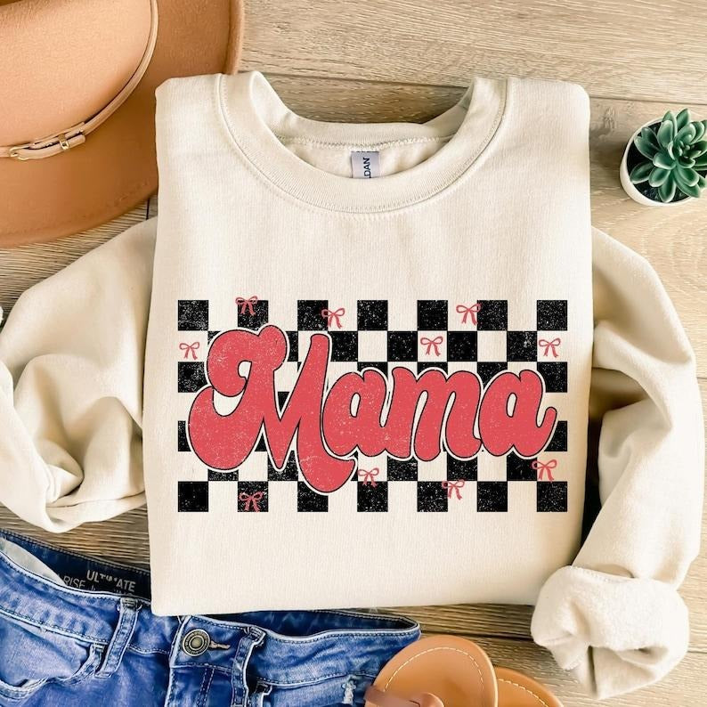 Mama Valentine Coquette Sweatshirt , Mama Varsity , Retro Valentine , Checkered Valentine Hearts , Valentines Day , Loved...