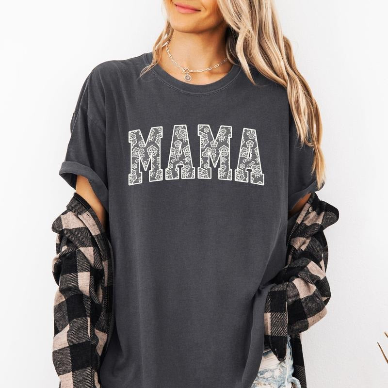 Mama, Faux Lace, Coquette, Varsity, Mother's Day Tshirt, Women's Comfort Colors Tee Hoodie, Sweatshirt | WearSparks.com